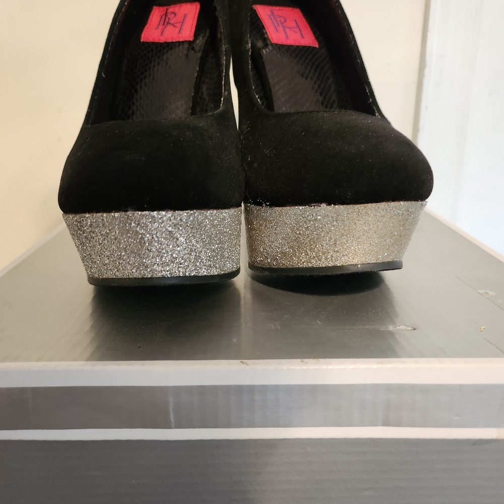 Black Velvet Heels with Silver Platform